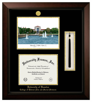 University of Houston College of Liberal Arts and Social Sciences Double Opening with Campus Image & Tassel Box (Stacked) Frame in Legacy Black Cherry with Black & Gold Mats for document: 8 1/2"h x 11"w  