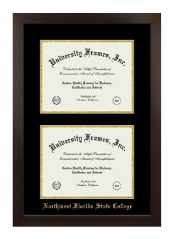 Northwest Florida State College Double Degree (Stacked) Frame in Manhattan Espresso with Black & Gold Mats for document: 8 1/2"h x 11"w  , document: 8 1/2"h x 11"w  