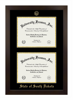 State of South Dakota Double Degree (Stacked) Frame in Manhattan Espresso with Black & Gold Mats for document: 8 1/2"h x 11"w  , document: 8 1/2"h x 11"w  
