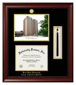 Kent State University College of Podiatric Medicine Double Opening with Campus Image & Tassel Box (Stacked) Frame in Avalon Mahogany with Black & Gold Mats for DOCUMENT: 8 1/2"H X 11"W  