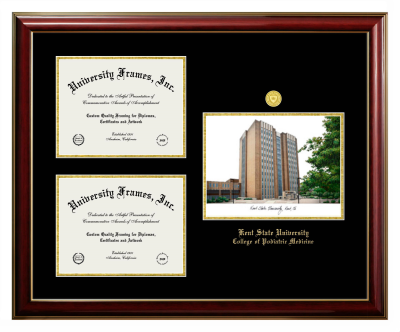 Kent State University College of Podiatric Medicine Triple Opening with Campus Image Frame in Classic Mahogany with Gold Trim with Black & Gold Mats for DOCUMENT: 8 1/2"H X 11"W  , DOCUMENT: 8 1/2"H X 11"W  