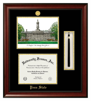 Penn State Double Opening with Campus Image & Tassel Box (Stacked) Frame in Avalon Mahogany with Black & Gold Mats for DOCUMENT: 8 1/2"H X 11"W  