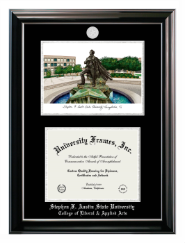 Stephen F. Austin State University College of Liberal & Applied Arts Double Opening with Campus Image (Stacked) Frame in Classic Ebony with Silver Trim with Black & Silver Mats for document: 8 1/2"h x 11"w  