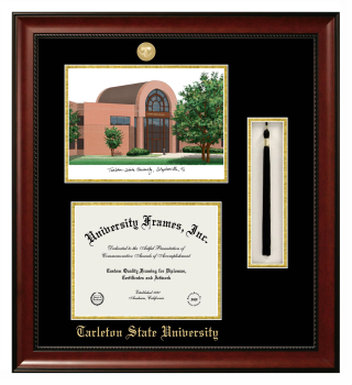 Tarleton State University Double Opening with Campus Image & Tassel Box (Stacked) Frame in Avalon Mahogany with Black & Gold Mats for DOCUMENT: 8 1/2"H X 11"W  