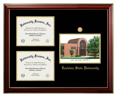 Tarleton State University Triple Opening with Campus Image Frame in Classic Mahogany with Gold Trim with Black & Gold Mats for DOCUMENT: 8 1/2"H X 11"W  , DOCUMENT: 8 1/2"H X 11"W  