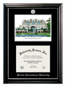 Florida International University Double Opening with Campus Image (Stacked) Frame in Classic Ebony with Silver Trim with Black & Silver Mats for DOCUMENT: 8 1/2"H X 11"W  