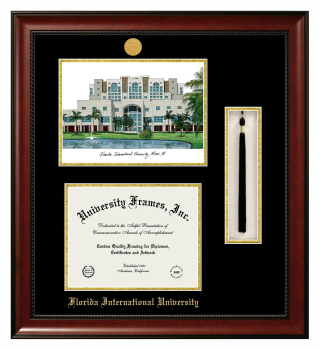 Florida International University Double Opening with Campus Image & Tassel Box (Stacked) Frame in Avalon Mahogany with Black & Gold Mats for DOCUMENT: 8 1/2"H X 11"W  