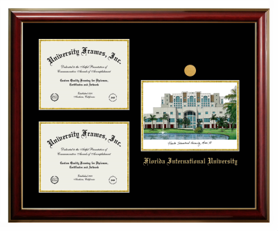 Florida International University Triple Opening with Campus Image Frame in Classic Mahogany with Gold Trim with Black & Gold Mats for DOCUMENT: 8 1/2"H X 11"W  , DOCUMENT: 8 1/2"H X 11"W  