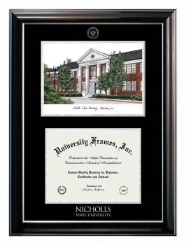 Nicholls State University Double Opening with Campus Image (Stacked) Frame in Classic Ebony with Silver Trim with Black & Silver Mats for document: 8 1/2"h x 11"w  