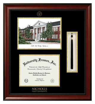 Nicholls State University Double Opening with Campus Image & Tassel Box (Stacked) Frame in Avalon Mahogany with Black & Gold Mats for document: 8 1/2"h x 11"w  