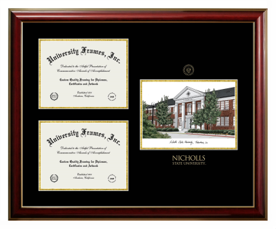 Nicholls State University Triple Opening with Campus Image Frame in Classic Mahogany with Gold Trim with Black & Gold Mats for document: 8 1/2"h x 11"w  , document: 8 1/2"h x 11"w  