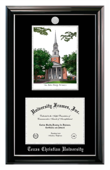 Texas Christian University Double Opening with Campus Image (Stacked) Frame in Classic Ebony with Silver Trim with Black & Silver Mats for document: 8 1/2"h x 11"w  