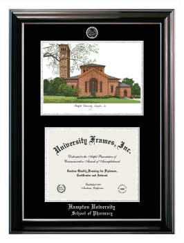 Hampton University School of Pharmacy Double Opening with Campus Image (Stacked) Frame in Classic Ebony with Silver Trim with Black & Silver Mats for document: 8 1/2"h x 11"w  