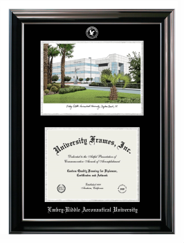 Embry-Riddle Aeronautical University (Daytona Campus) Double Opening with Campus Image (Stacked) Frame in Classic Ebony with Silver Trim with Black & Silver Mats for DOCUMENT: 8 1/2"H X 11"W  