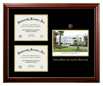 Embry-Riddle Aeronautical University (Daytona Campus) Triple Opening with Campus Image Frame in Classic Mahogany with Gold Trim with Black & Gold Mats for DOCUMENT: 8 1/2"H X 11"W  , DOCUMENT: 8 1/2"H X 11"W  