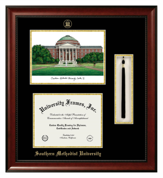 Southern Methodist University Double Opening with Campus Image & Tassel Box (Stacked) Frame in Avalon Mahogany with Black & Gold Mats for document: 8 1/2"h x 11"w  