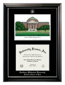 Southern Methodist University School of Law Double Opening with Campus Image (Stacked) Frame in Classic Ebony with Silver Trim with Black & Silver Mats for document: 8 1/2"h x 11"w  