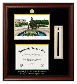 Stephen F. Austin State University College of Liberal & Applied Arts Double Opening with Campus Image & Tassel Box (Stacked) Frame in Avalon Mahogany with Black & Gold Mats for document: 8 1/2"h x 11"w  