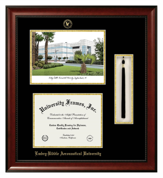 Embry-Riddle Aeronautical University (Daytona Campus) Double Opening with Campus Image & Tassel Box (Stacked) Frame in Avalon Mahogany with Black & Gold Mats for DOCUMENT: 8 1/2"H X 11"W  