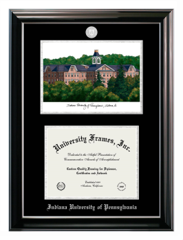 Indiana University of Pennsylvania Double Opening with Campus Image (Stacked) Frame in Classic Ebony with Silver Trim with Black & Silver Mats for  8 1/2"h x 11"w  