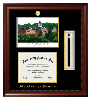 Indiana University of Pennsylvania Double Opening with Campus Image & Tassel Box (Stacked) Frame in Avalon Mahogany with Black & Gold Mats for  8 1/2"h x 11"w  