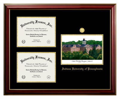 Indiana University of Pennsylvania Triple Opening with Campus Image Frame in Classic Mahogany with Gold Trim with Black & Gold Mats for  8 1/2"h x 11"w  ,  8 1/2"h x 11"w  