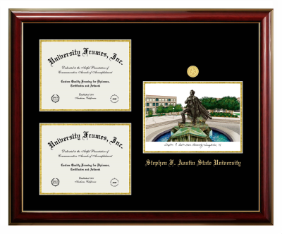 Stephen F. Austin State University Triple Opening with Campus Image Frame in Classic Mahogany with Gold Trim with Black & Gold Mats for document: 8 1/2"h x 11"w  , document: 8 1/2"h x 11"w  