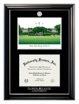 Florida Atlantic University (Boca Raton) Double Opening with Campus Image (Stacked) Frame in Classic Ebony with Silver Trim with Black & Silver Mats for document: 8 1/2"h x 11"w  