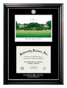 Florida Atlantic University (Boca Raton) Double Opening with Campus Image (Stacked) Frame in Classic Ebony with Silver Trim with Black & Silver Mats for DOCUMENT: 8 1/2"H X 11"W  