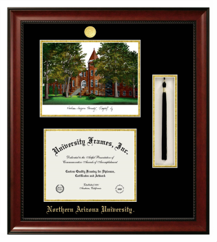 Northern Arizona University Double Opening with Campus Image & Tassel Box (Stacked) Frame in Avalon Mahogany with Black & Gold Mats for DOCUMENT: 8 1/2"H X 11"W  