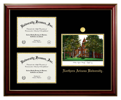 Northern Arizona University Triple Opening with Campus Image Frame in Classic Mahogany with Gold Trim with Black & Gold Mats for DOCUMENT: 8 1/2"H X 11"W  , DOCUMENT: 8 1/2"H X 11"W  
