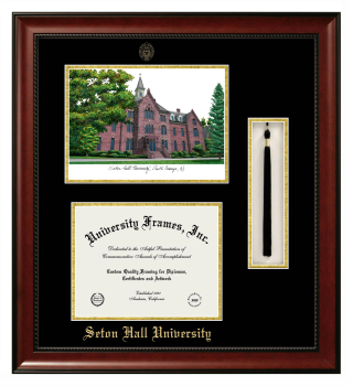 Seton Hall University Double Opening with Campus Image & Tassel Box (Stacked) Frame in Avalon Mahogany with Black & Gold Mats for DOCUMENT: 8 1/2"H X 11"W  