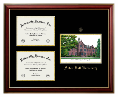 Seton Hall University Triple Opening with Campus Image Frame in Classic Mahogany with Gold Trim with Black & Gold Mats for DOCUMENT: 8 1/2"H X 11"W  , DOCUMENT: 8 1/2"H X 11"W  