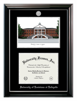 University of Louisiana at Lafayette Double Opening with Campus Image (Stacked) Frame in Classic Ebony with Silver Trim with Black & Silver Mats for  8 1/2"h x 11"w  