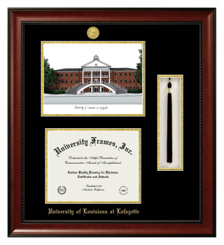 University of Louisiana at Lafayette Double Opening with Campus Image & Tassel Box (Stacked) Frame in Avalon Mahogany with Black & Gold Mats for  8 1/2"h x 11"w  