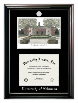 University of Nebraska (Lincoln) Double Opening with Campus Image (Stacked) Frame in Classic Ebony with Silver Trim with Black & Silver Mats for document: 8 1/2"h x 11"w  