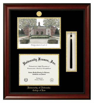 University of Nebraska College of Law Double Opening with Campus Image & Tassel Box (Stacked) Frame in Avalon Mahogany with Black & Gold Mats for document: 8 1/2"h x 11"w  