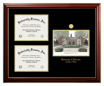 University of Nebraska College of Law Triple Opening with Campus Image Frame in Classic Mahogany with Gold Trim with Black & Gold Mats for document: 8 1/2"h x 11"w  , document: 8 1/2"h x 11"w  