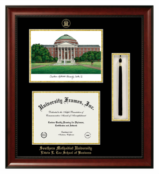 Southern Methodist University Edwin L. Cox School of Business Double Opening with Campus Image & Tassel Box (Stacked) Frame in Avalon Mahogany with Black & Gold Mats for DOCUMENT: 8 1/2"H X 11"W  