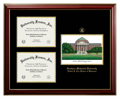 Southern Methodist University Edwin L. Cox School of Business Triple Opening with Campus Image Frame in Classic Mahogany with Gold Trim with Black & Gold Mats for DOCUMENT: 8 1/2"H X 11"W  , DOCUMENT: 8 1/2"H X 11"W  