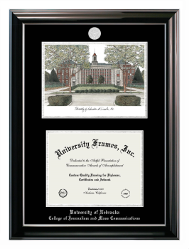 University of Nebraska College of Journalism and Mass Communications Double Opening with Campus Image (Stacked) Frame in Classic Ebony with Silver Trim with Black & Silver Mats for document: 8 1/2"h x 11"w  
