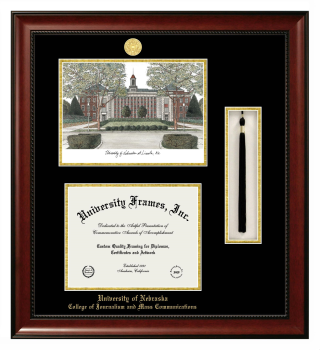 University of Nebraska College of Journalism and Mass Communications Double Opening with Campus Image & Tassel Box (Stacked) Frame in Avalon Mahogany with Black & Gold Mats for document: 8 1/2"h x 11"w  