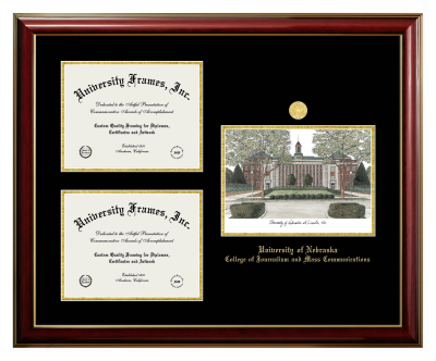 University of Nebraska College of Journalism and Mass Communications Triple Opening with Campus Image Frame in Classic Mahogany with Gold Trim with Black & Gold Mats for document: 8 1/2"h x 11"w  , document: 8 1/2"h x 11"w  
