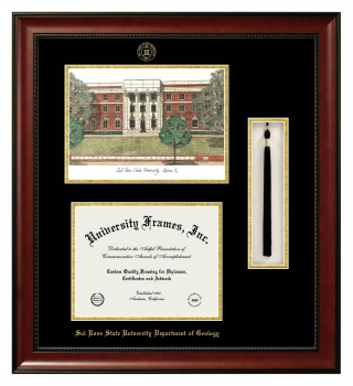 Sul Ross State University Department of Geology Double Opening with Campus Image & Tassel Box (Stacked) Frame in Avalon Mahogany with Black & Gold Mats for document: 8 1/2"h x 11"w  