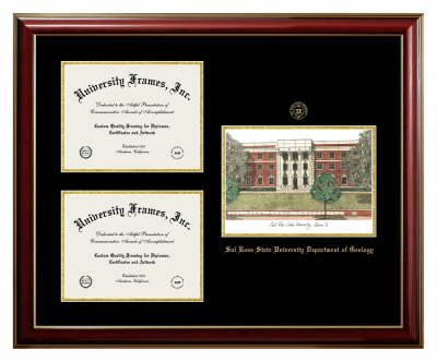 Sul Ross State University Department of Geology Triple Opening with Campus Image Frame in Classic Mahogany with Gold Trim with Black & Gold Mats for document: 8 1/2"h x 11"w  , document: 8 1/2"h x 11"w  
