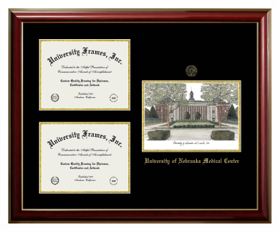 University of Nebraska Medical Center Triple Opening with Campus Image Frame in Classic Mahogany with Gold Trim with Black & Gold Mats for document: 8 1/2"h x 11"w  , document: 8 1/2"h x 11"w  