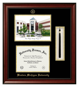 Western Michigan University Double Opening with Campus Image & Tassel Box (Stacked) Frame in Avalon Mahogany with Black & Gold Mats for document: 8 1/2"h x 11"w  