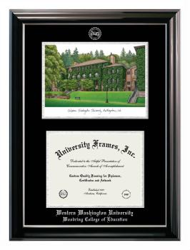 Western Washington University Woodring College of Education Double Opening with Campus Image (Stacked) Frame in Classic Ebony with Silver Trim with Black & Silver Mats for document: 8 1/2"h x 11"w  
