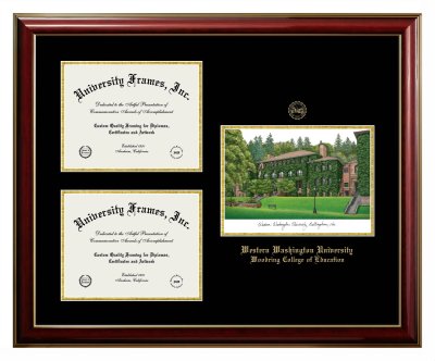 Western Washington University Woodring College of Education Triple Opening with Campus Image Frame in Classic Mahogany with Gold Trim with Black & Gold Mats for document: 8 1/2"h x 11"w  , document: 8 1/2"h x 11"w  
