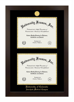 University of Colorado Anschutz Medical Campus Double Degree (Stacked) Frame in Manhattan Espresso with Black & Gold Mats for document: 8 1/2"h x 11"w  , document: 8 1/2"h x 11"w  